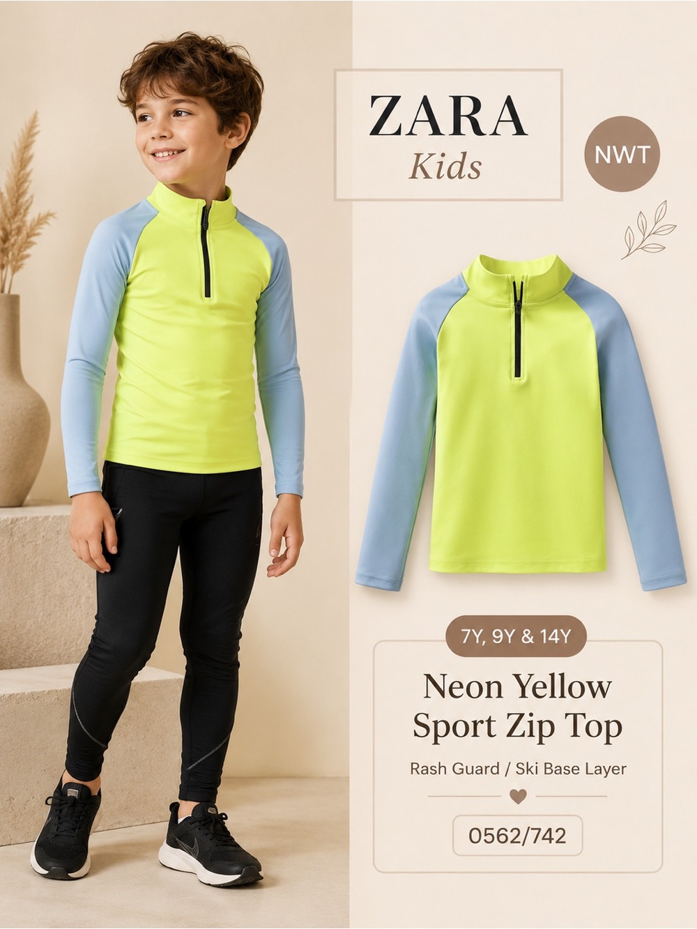 Zara Kids Neon Yellow Color Block Rash Guard Swim Ski Top NWT Boys